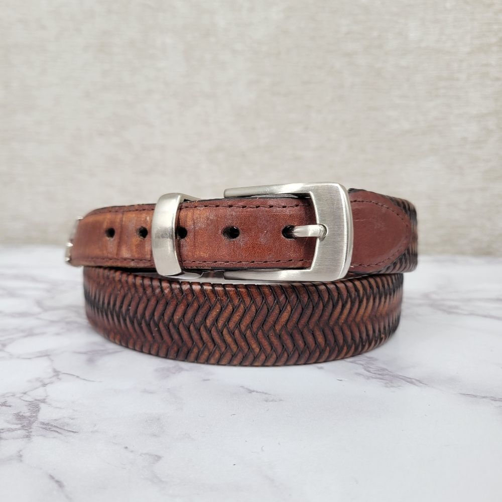 Men's Vintage Brown Leather Woven Belt with Silver Toned Buckle
